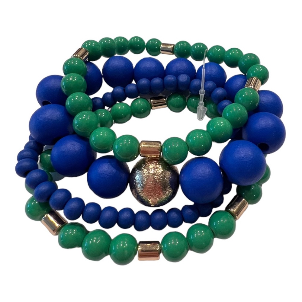 Four Strand Blue, Green, Gold Beaded Bracelet